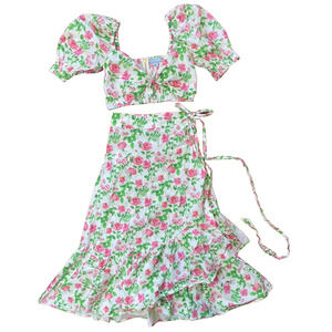 Hill House Size Small Isabella Smocked Crop Top Midi Floral Skirt Prairie Vacay